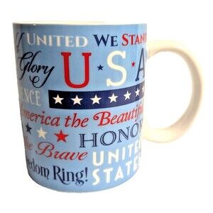 Patriotic Coffee Mug United We Stand USA Stoneware Red White Blue Drinkware NEW